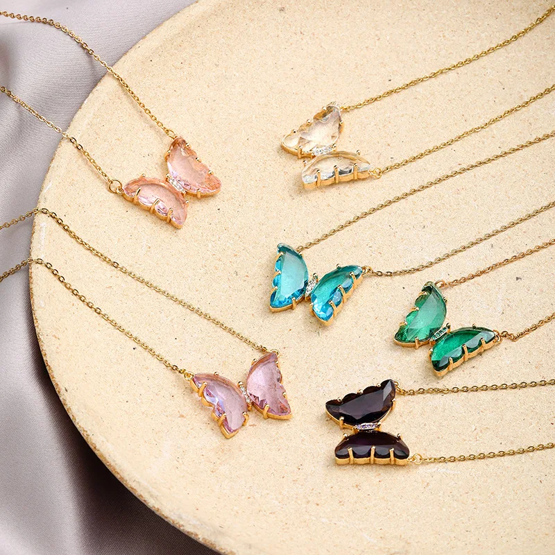 

Europe hot selling style colorful butterfly zircon crystal pendant chain necklace