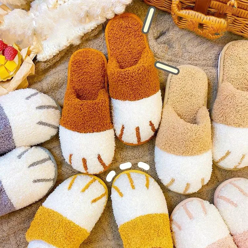 

2021 new female winter home cartoon cute cat paw slippers men's fuzzy warm indoor soft-soled cotton slippers, Customized color