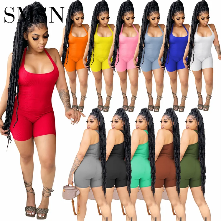 

Amazon women clothing solid color bodycon sexy halter one piece shorts jumpsuits