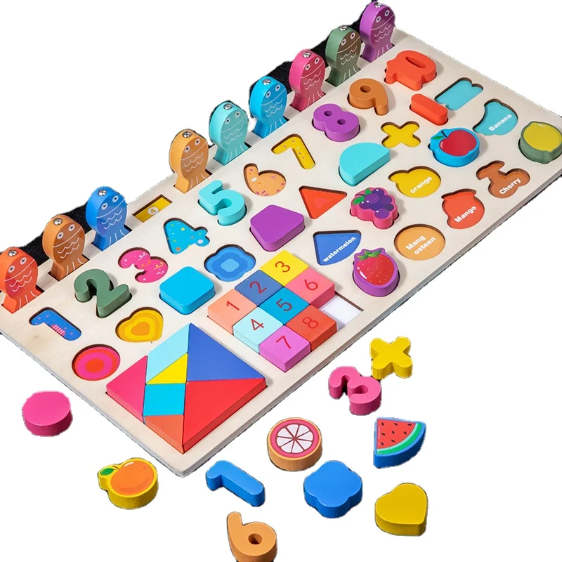 

2023 new fishing board with numbers letters blocks and shapes toys for learning mathematics fishing board for children CE