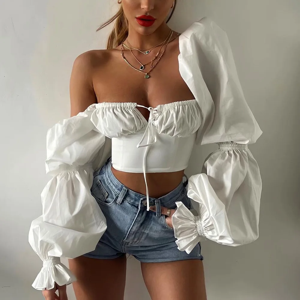 

2022 spring summer women's blouses women fashion casual tops bubble long sleeve crop top ladies' blouses & tops