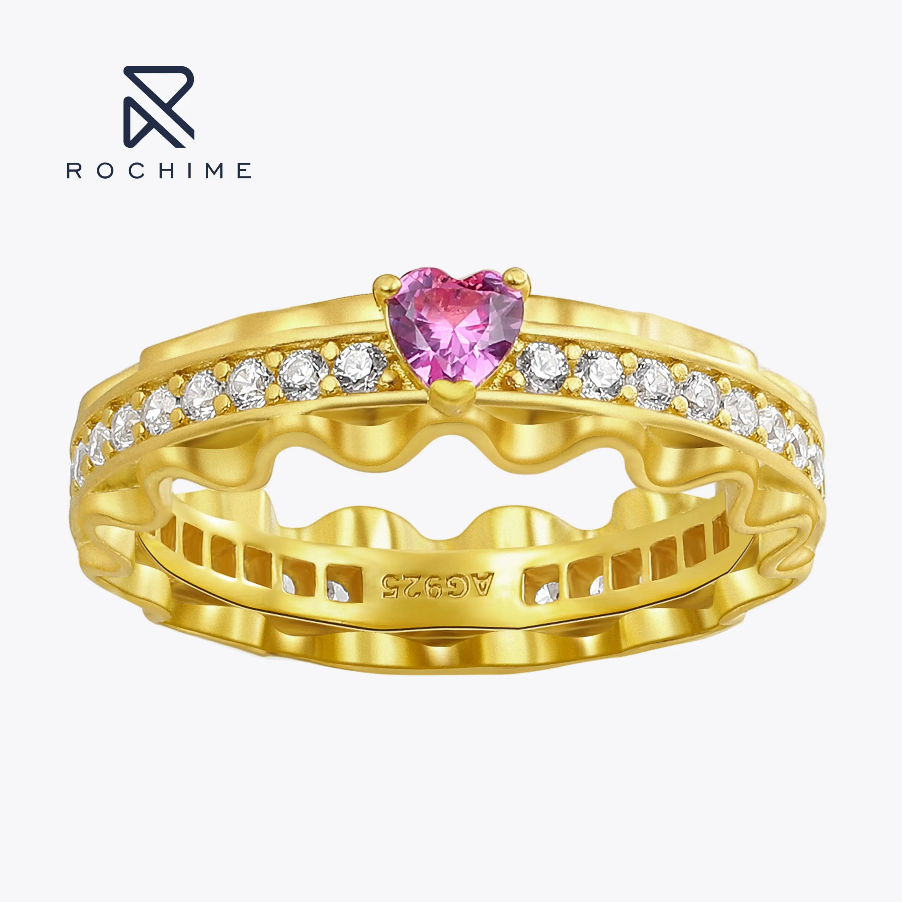 Rochime 18k Gold Plated  Elegant Sweet Heart Candy pink Diamond Ring 925 Sterling Silver Cubic Zirconia Rings for Women