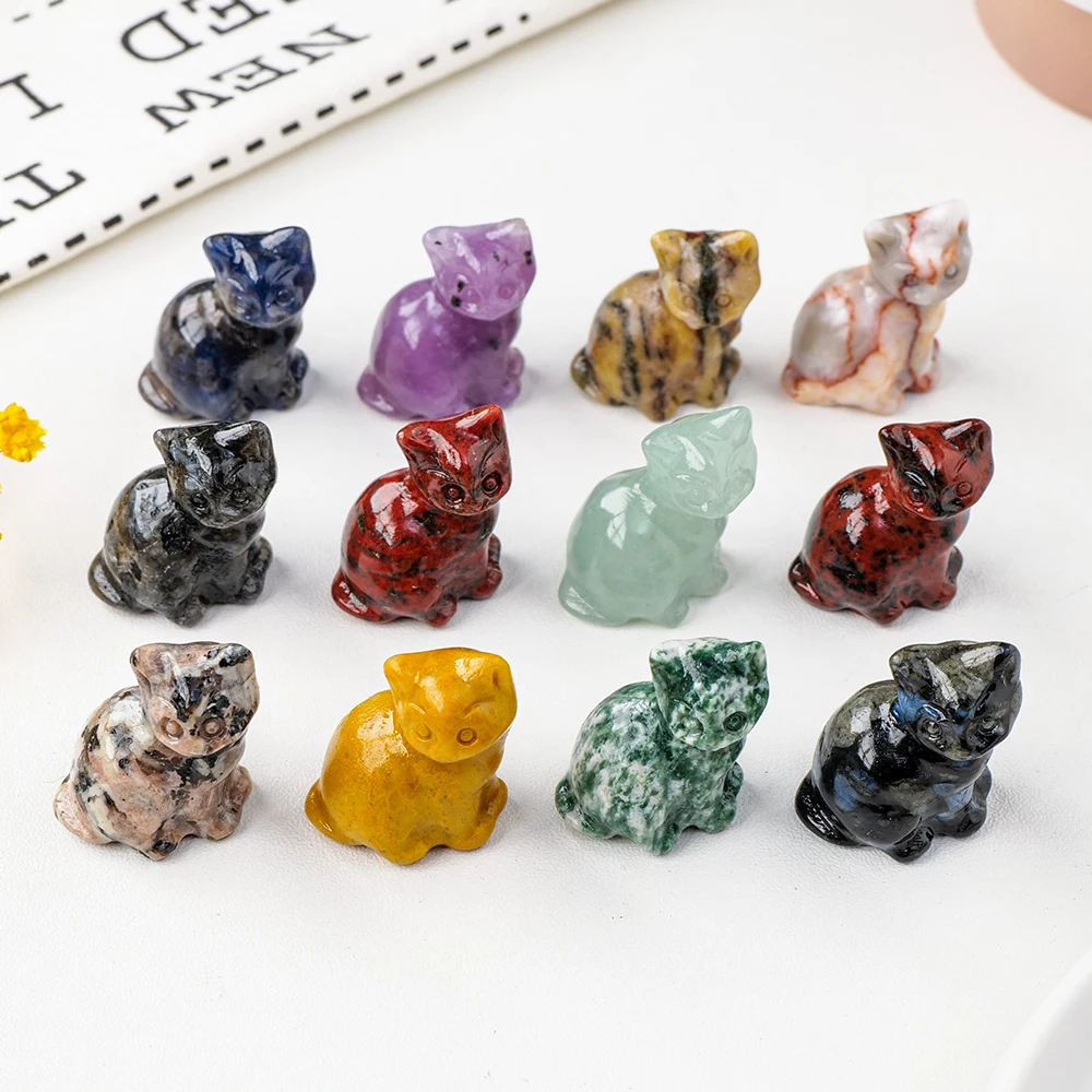 

wholesale crystal Lucky Cat carved Rose Quartz Obsidian mini crystal cat for home ornament