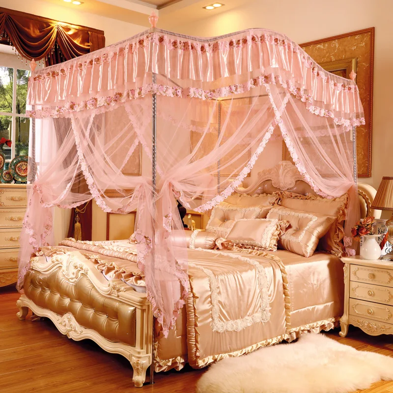 Pastoral European Three Doors Palace Pink Indoor Outdoor Decoration Bed Anti Mosquito Net