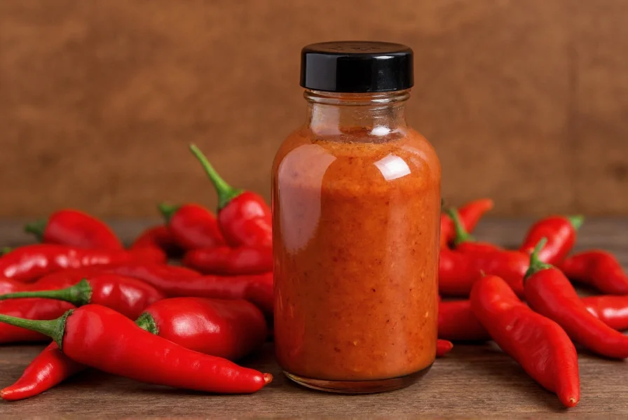 Close-up of ghost pepper sauce bottle next to fresh ghost peppers on wooden table