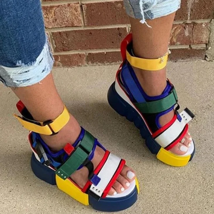 

2020 Summer Latest Arrival Femme Wedge Shoes Thick-soled Flat Colored Middle Platform Sandals For Women And Ladies, Rainbow