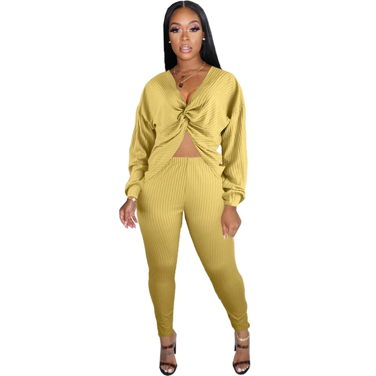 New Sexy Fashion Casual V Neck Solid Color Top And Pants Sexy 2 Pcs Track Suit Outfits Two Piece Set Women Clothing