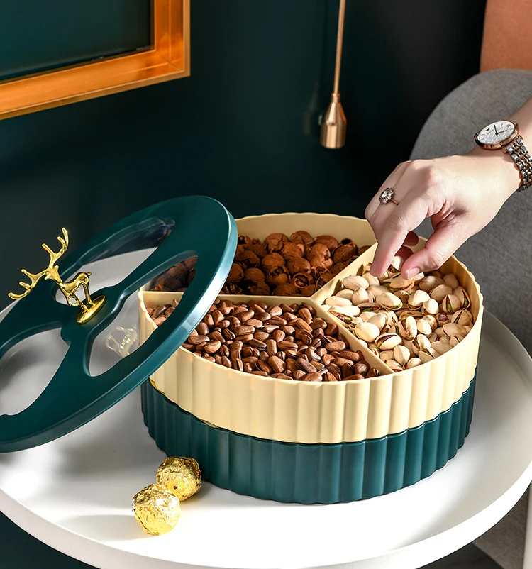 

Wholesale High Quality luxury fruit plate candy chocolate plate with Elk lid rotating storage box home decor, Green,white