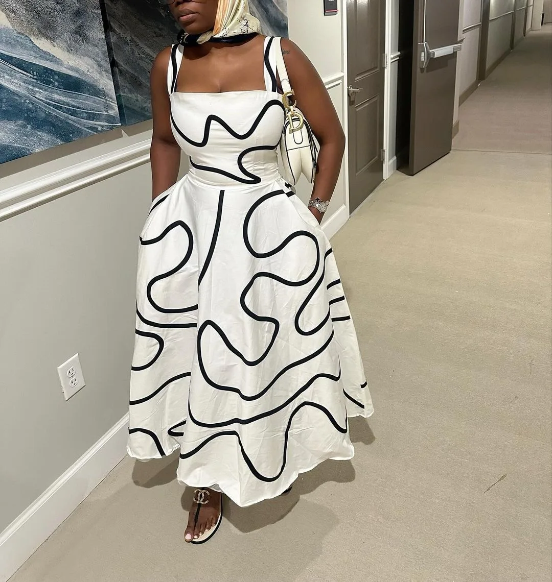 Spring New Fashion Ladies Wear Simple Printed Sleeveless Midi Long Casual Dress Women