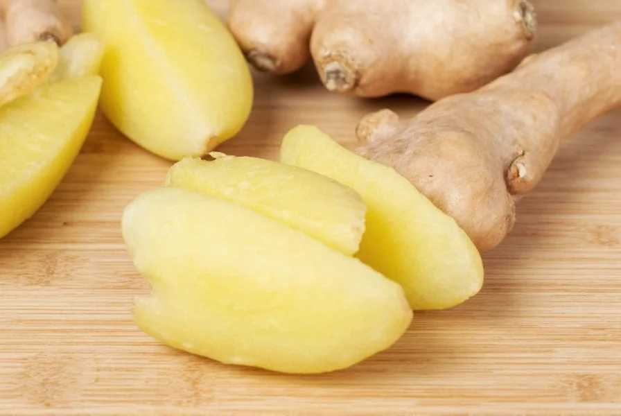 Close-up of hand using spoon to peel ginger root