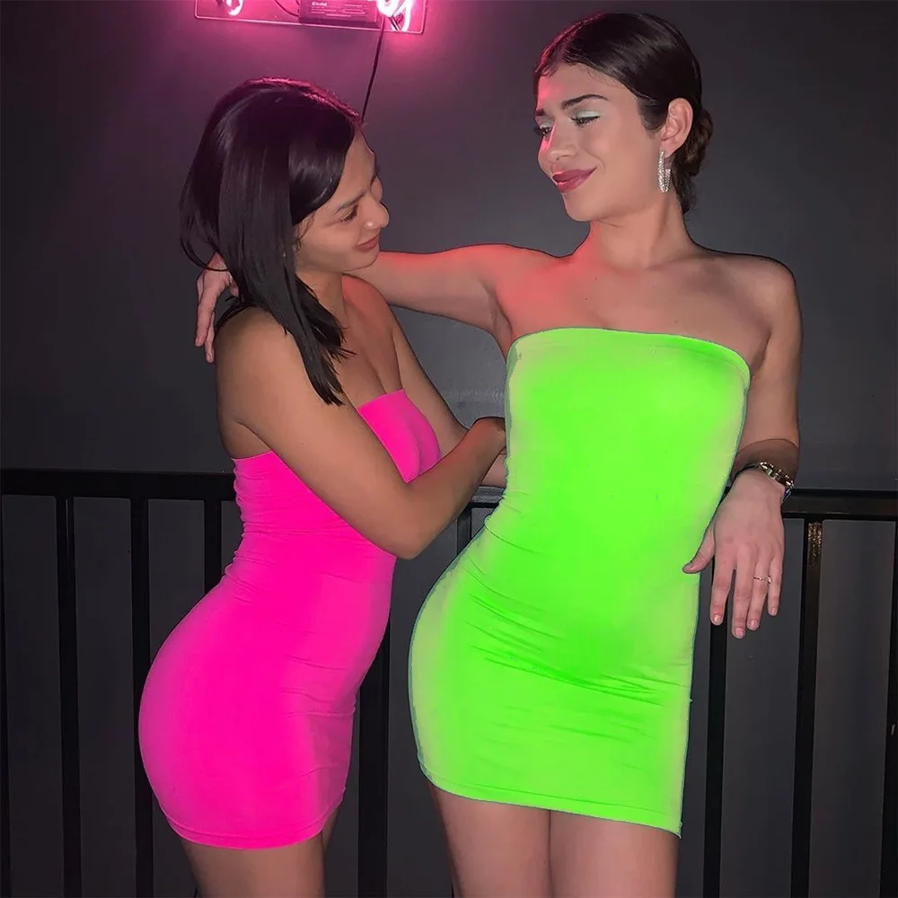 

Womens Clothes 2021 Sheath Pencil Mini Dress Sexy Clubwear Women Tube Dress Stretchy Strapless Womens Bodycon Mini Dress, Orange, red, black, apricot, fluorescent green, rose