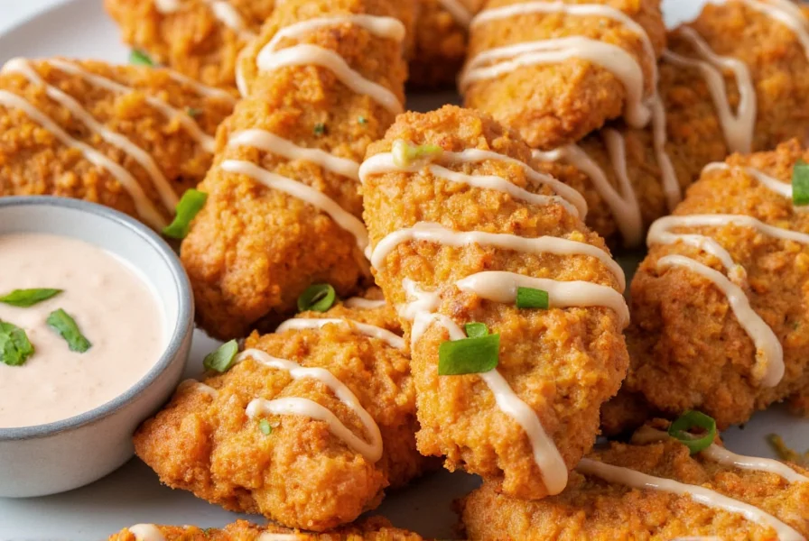 Close-up of ghost pepper ranch drizzled over crispy chicken tenders with fresh herbs