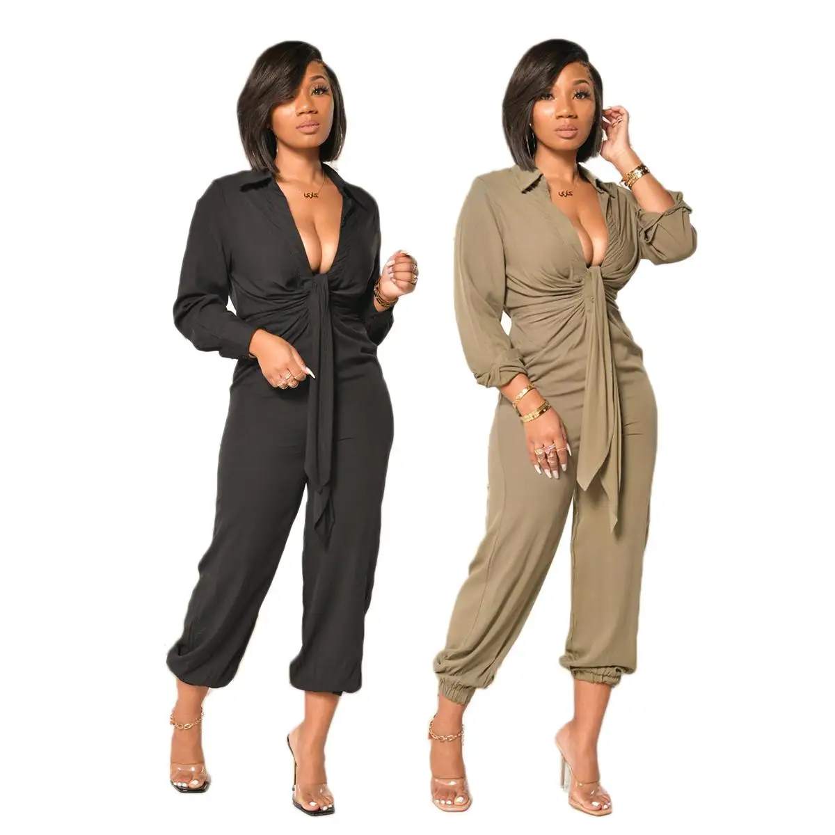 

fall ladies fashion jumpsuits women loose jogging solid color formal long sleeve one piece women jumpsuit