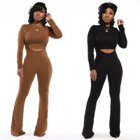 

New Stylish Ladies Sets Suits Plain Color Long Sleeve Cropped Tops Suspender Pants 2 Piece Fall Fashion Casual Women Set
