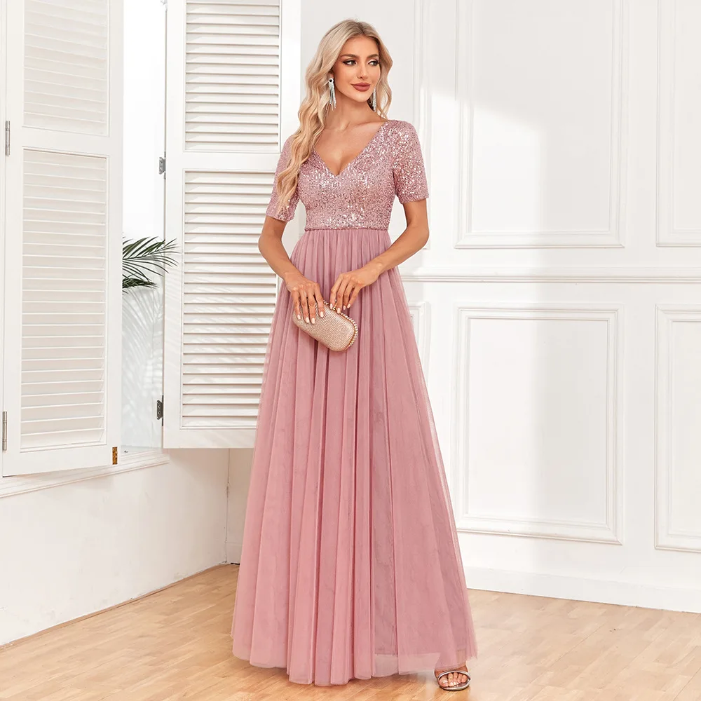 

TW00103 Luxury Gowns For Women Evening Dresses Short Sleeve Backless V-neck Sheer Sequin Dresses Women Party Bridesmaid Dresses