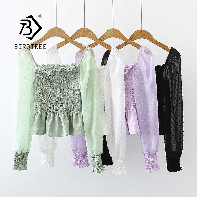 

Puff Long Sleeve Plain Cropped Tops Ladies Designer Square Collar Spring Autumn Blouse Casual Short Design Shirt T12301X, Green/white/purple/black