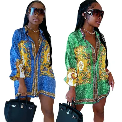 

New Arrival Autumn Plus Size Print Elegant Ladies Long Sleeve Women's Blouses Dress, 7 colors
