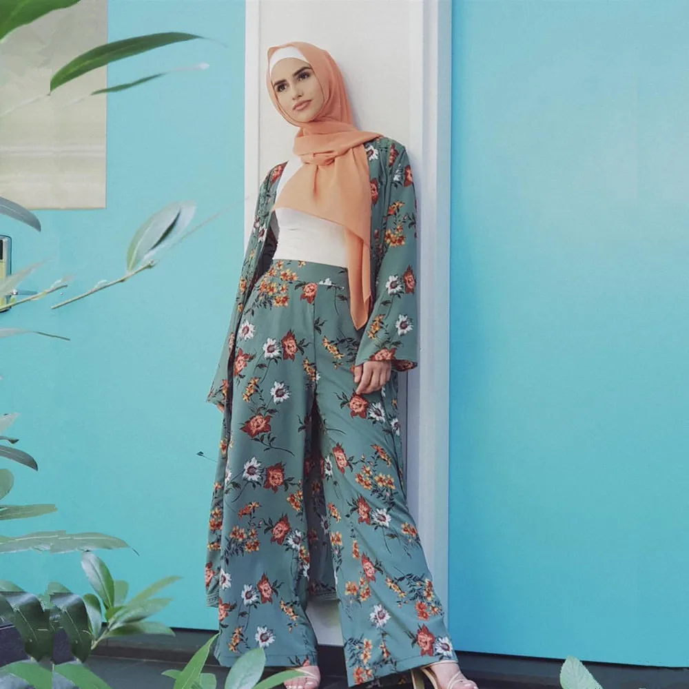 

Two Piece Set Top and Pants Women Cardigan Wide Leg Pant Sets Dubai Muslim Print Floral Islamic Clothing Lace-up Slim Abaya