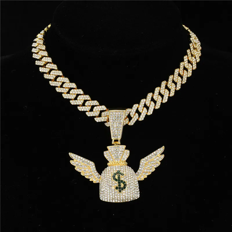 

Hip Hop Icy Bling Necklace Jewelry Men Iced Out Gold Plated Rhinestone Diamond Wing Money Bag Pendant With Prong Cuban Necklace