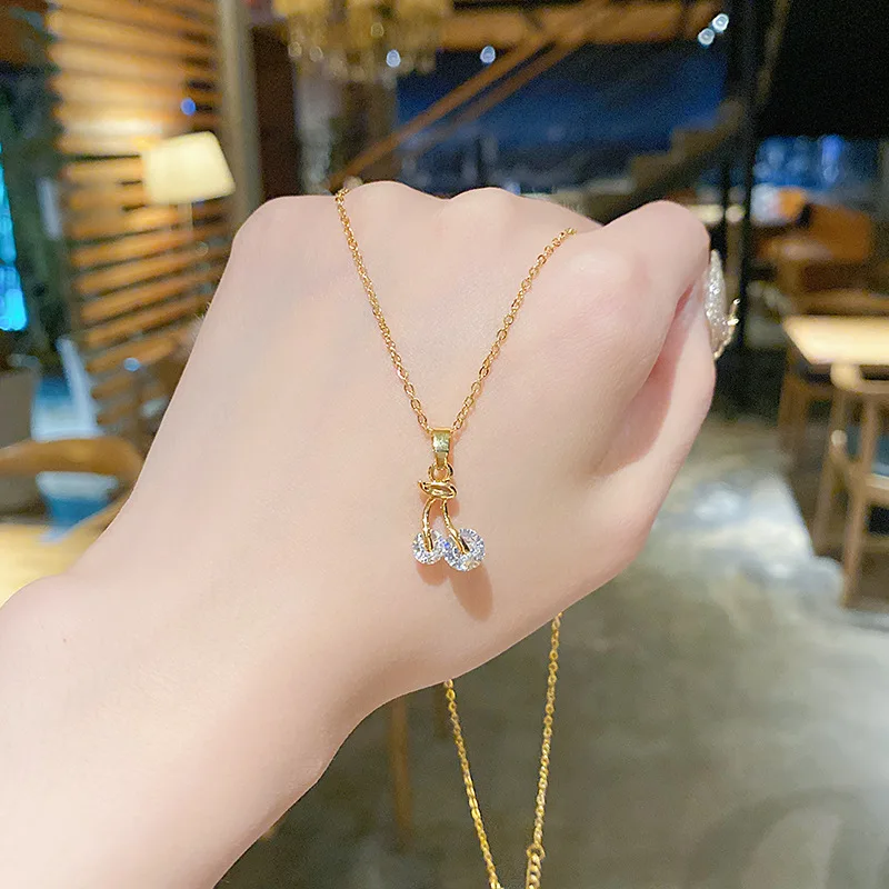 

Girl Dainty Anti Tarnish Stainless Steel CZ Cherry Shaped Necklace Gold Plated Zirconia Stones Fruit Cherry Pendant Necklace