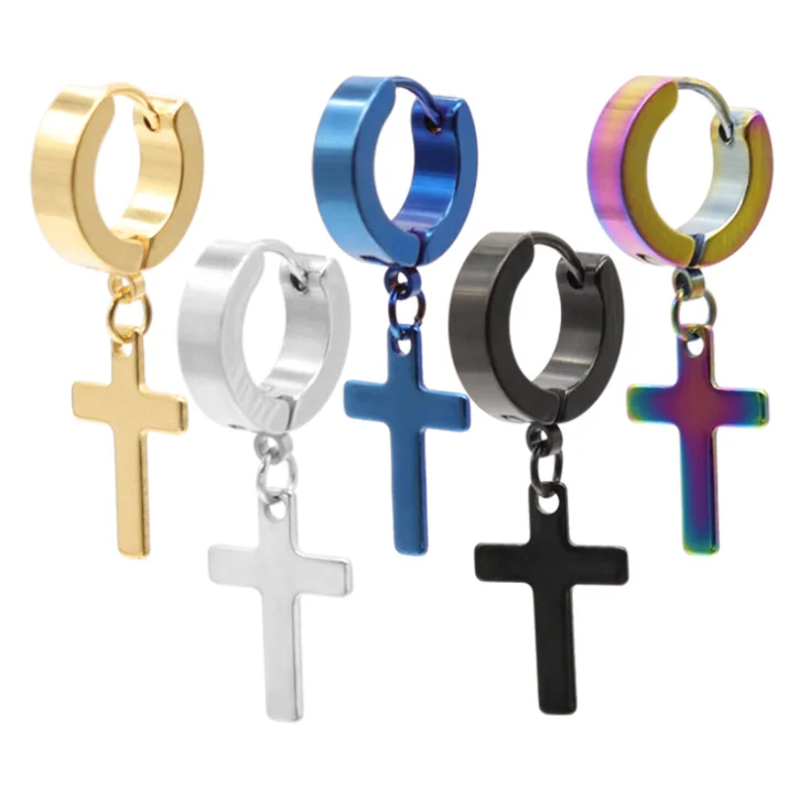 

Factory custom minimalist hiphop style stainless steel drop circle round cross earrings men stainless steel cross drop earrings, Picture