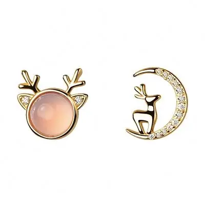 

S925 White Stud Silver Earrings For Female Small Asymmetric Micro-Set Moon Deer Earring