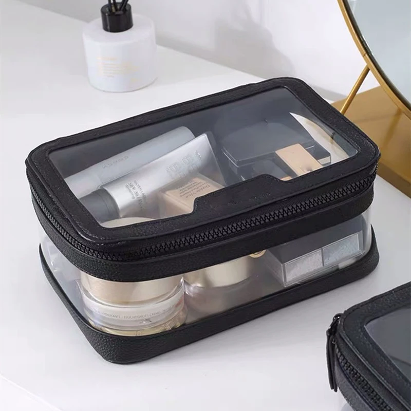 

Custom Printed Transparent Makeup PU PVC Bag Color Half Clear Travel Pouch Make Up OEM Waterproof Cosmetic Bag, Customized