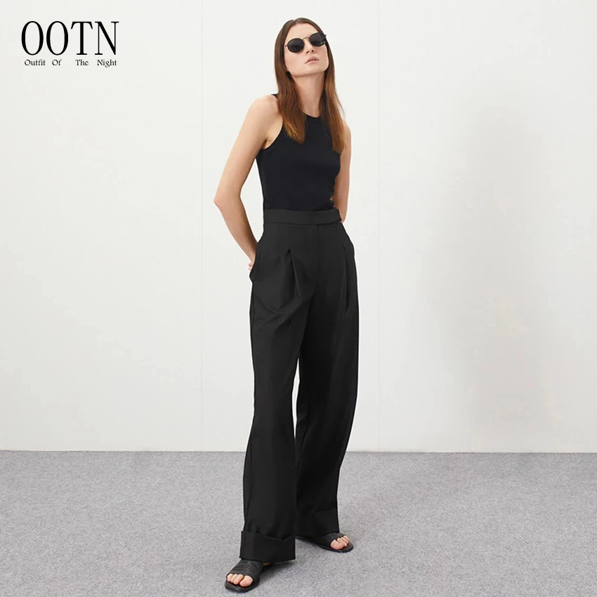 

OOTN Pockets Female Pleated Wide Leg Pants Solid 2022 Women High Waist Pants Spring Summer Black Ladies Office Trousers