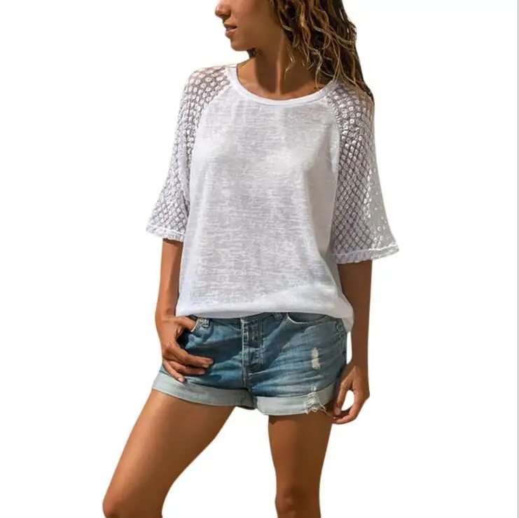 

Summer T Shirt Women Top Lace Stitching O-Neck Cropped Sleeves Casual Tshirt Women Tops Tee Shirt Femme Camiseta Mujer Plus Size, As the pictures shown