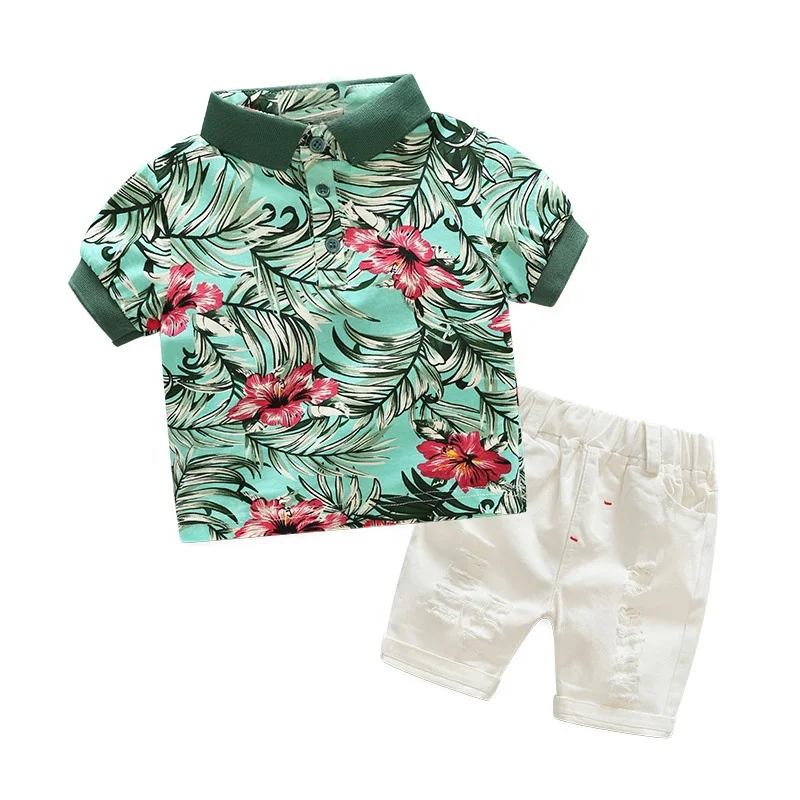 

B60771A Hot style children's summer short-sleeved set two pieces of ripped British gentlemen's beach jeans, Green/rice