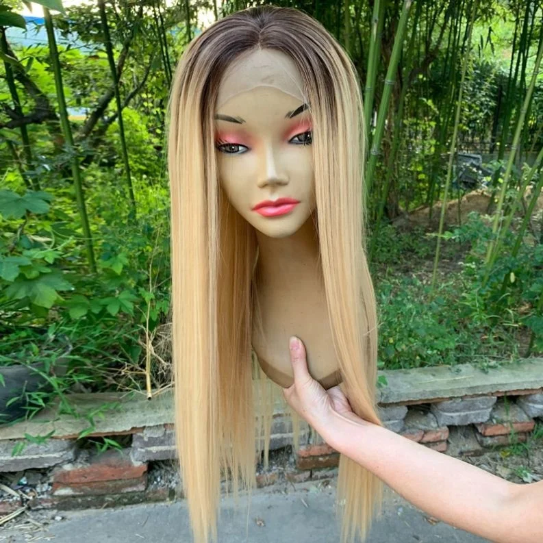 

Front Lace Gradient Brown Gold Long Straight Synthetic Wig Synthetic Wigs Headgear For Women, Pics