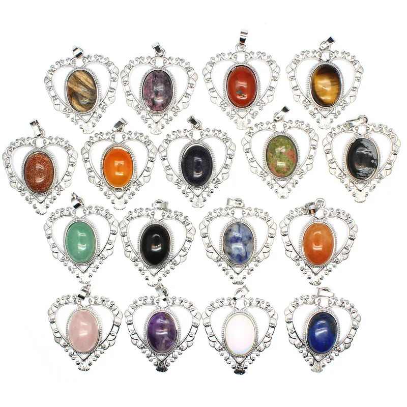 

Fashion Natural Stones Pendant Crystal Jewelry Silver Ornament Wrap Agate Amethyst Heart Necklace