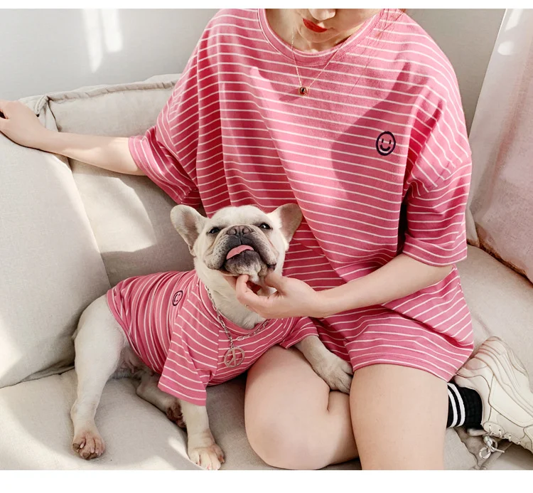 

2021 New Wholesale Spring Pink Cotton Small Brightly colored stripes Pet Clothes Summer Parent-Child Outfit, White;blue;yellow;pink