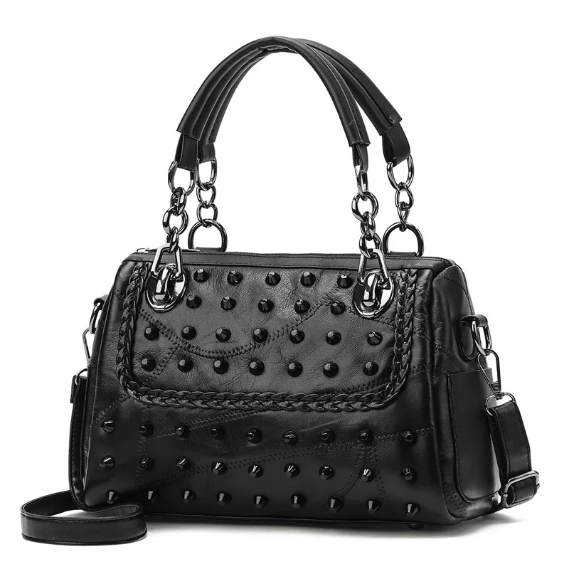 

hand bags 2020 women chain leather black handbag leather rivets for handbags rivet shoulder bag, Accept customizable