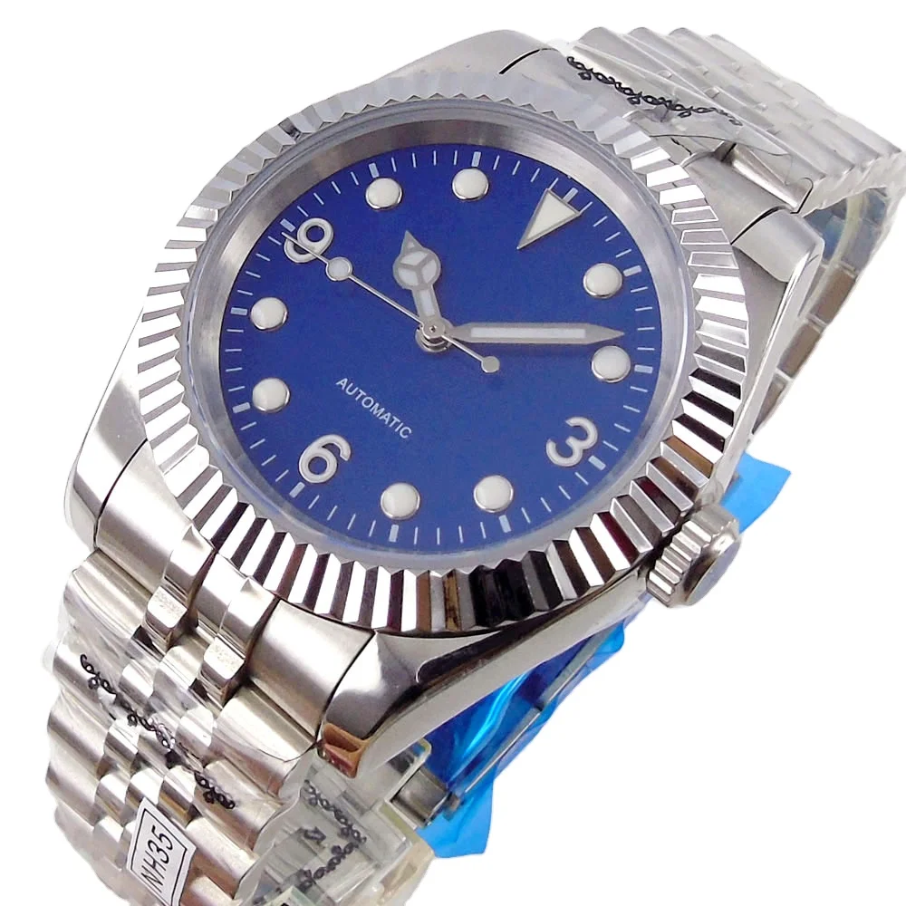 

Fashion Blue Dial Sapphire Glass Fluted Bezel Jubilee Strap Luminous Luxury Bliger 36mm NH35A Automatic Men's Watch