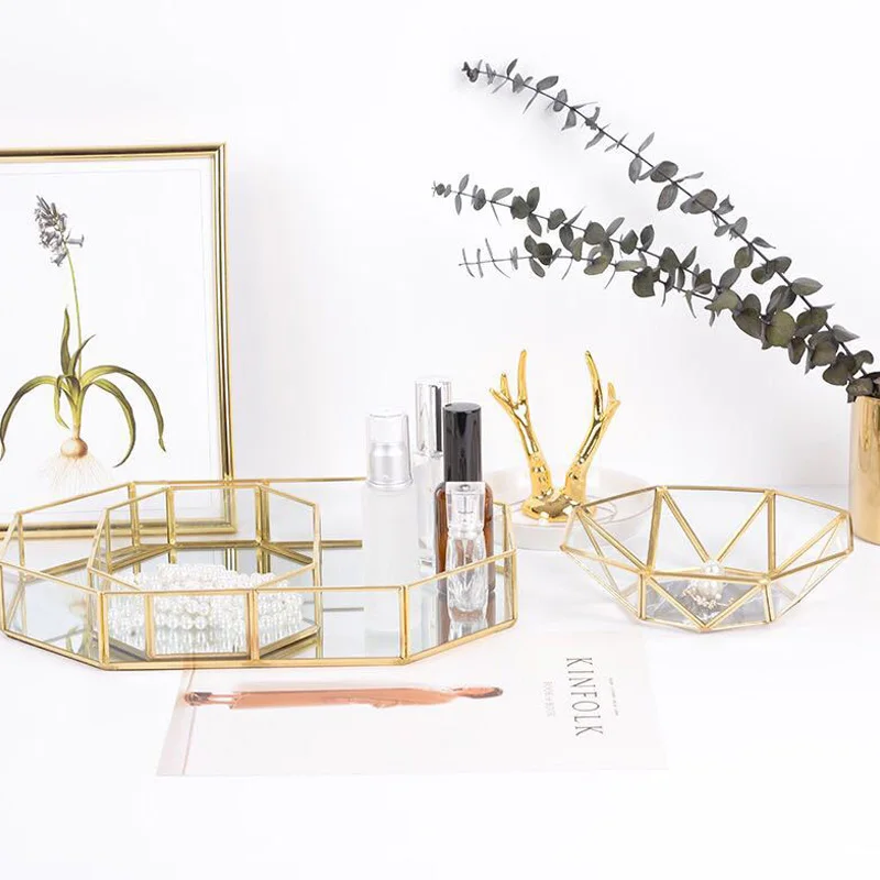 

Desktop Storage Tray Nordic Simple Golden Jewelry Cosmetic Polygon Storage Tray Desktop Organizers Decoration, Gold