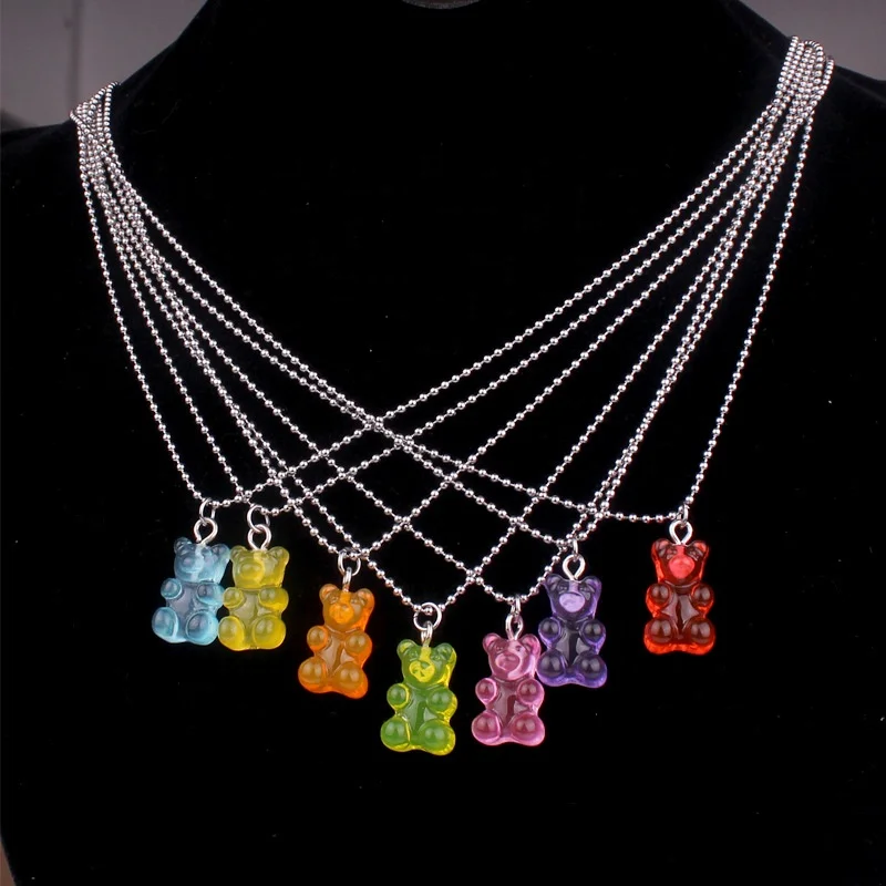 

Fashion color jelly bear pendant necklace resin necklace bead chain for woman kids jewelry gift, Picture