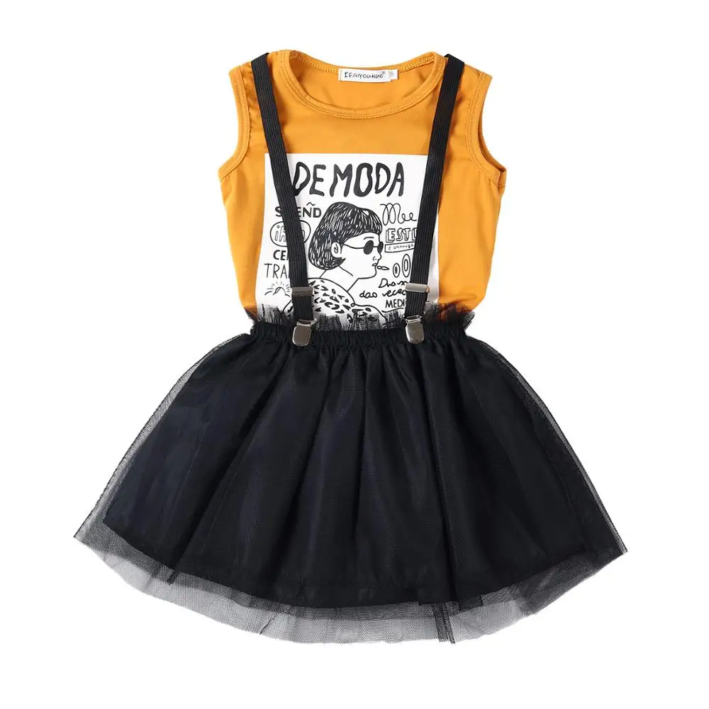 

New style summer letter pattern T-shirt vest+Strap skirt girls' clothing sets popular cute girls clothes, Orange