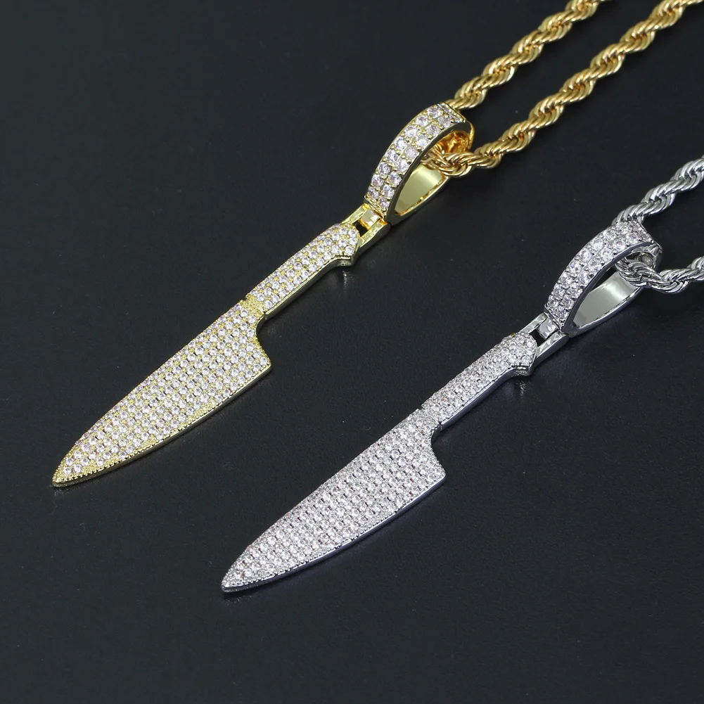 

2021 Sailing Jewelry Iced Out CZ Knife Pendant Necklace For Mens Cubic Zircon Hip Hop Knife Necklace