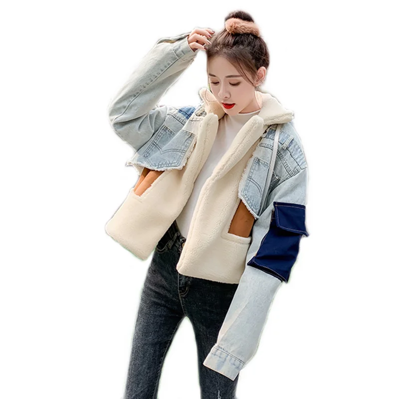 

2021 New Fashion Winter Women Coat Blue Patchwork Denim Jacket Lamb Cashmere Denim Stitching Plus Velvet Thick Wool Coat Women, Picture shown