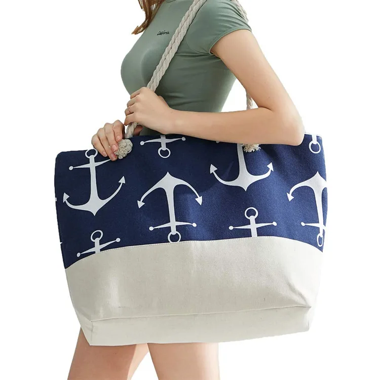 

Custom Fashion Eco Large Reusable Women Hand Bag Canvas Summer Zipper Beach Totes Bag