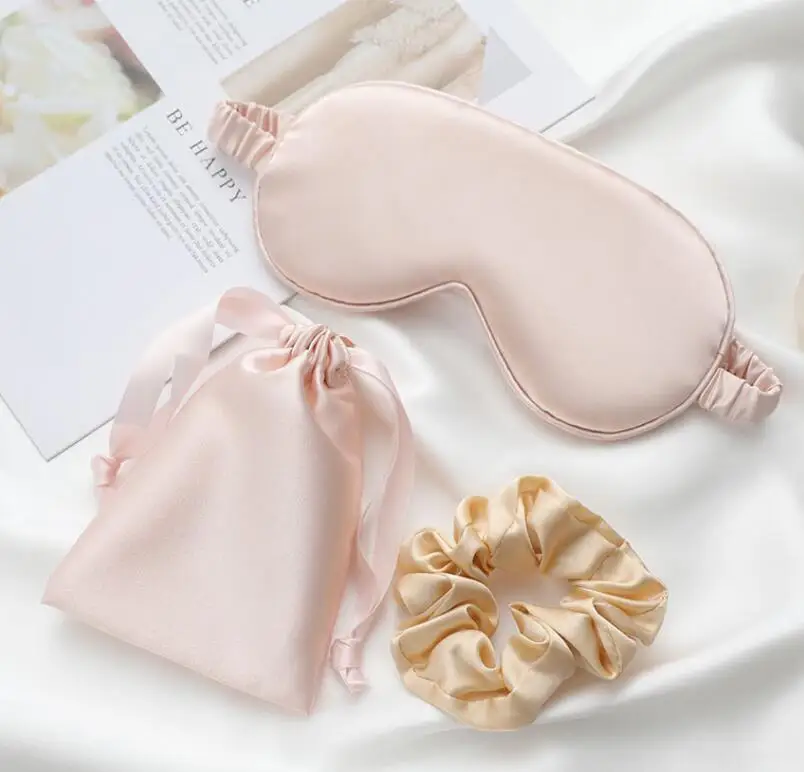 

silk eye mask+silk hair hand +silk pouch 3pcs set, Gold, pink,white, black ect