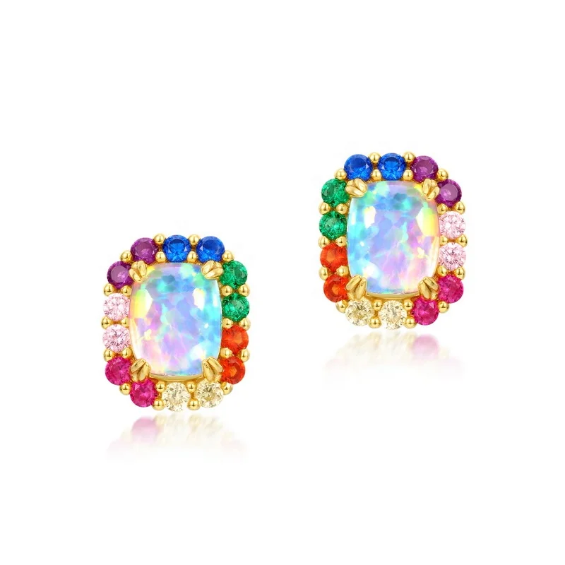 

Fancy Bling Rainbow Colorful CZ Cute Stud Hypoallergenic Earrings 925 Sterling Silver Birthstone Synthetic Opal Stud Earrings