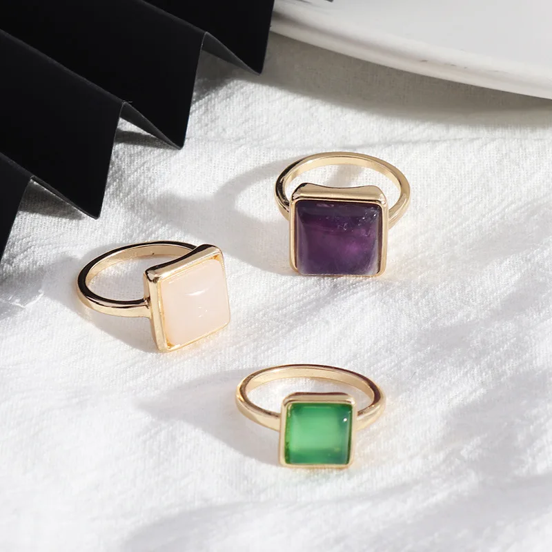 

2023 INS Healing Natural Semi Precious Stone Jewelry Square Crystal Stone Rings Women