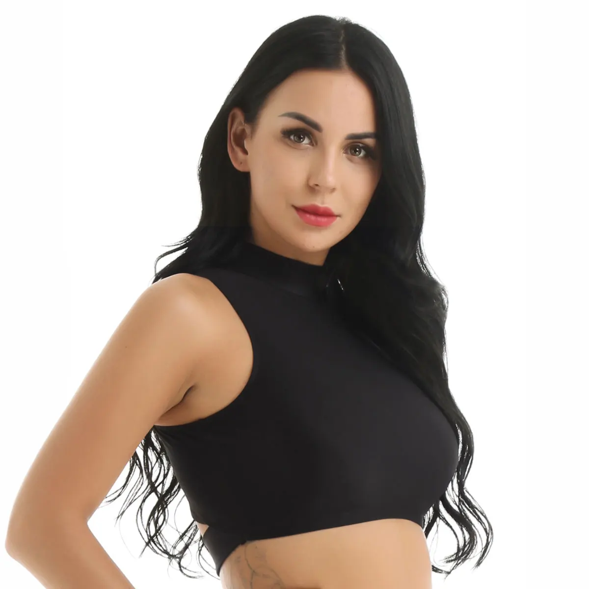 

Black Women Mock Neck Sleeveless Strap Back cross Crop Top for Yoga Sport Gymnastics Latin Dancewear, White/black/red/blue