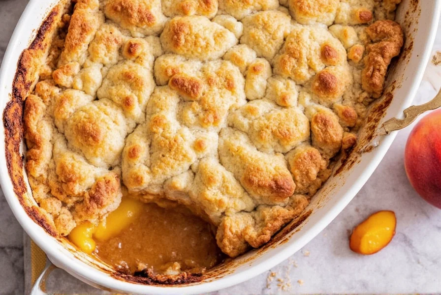 Finished cinnamon roll peach cobbler served warm with vanilla ice cream melting on top
