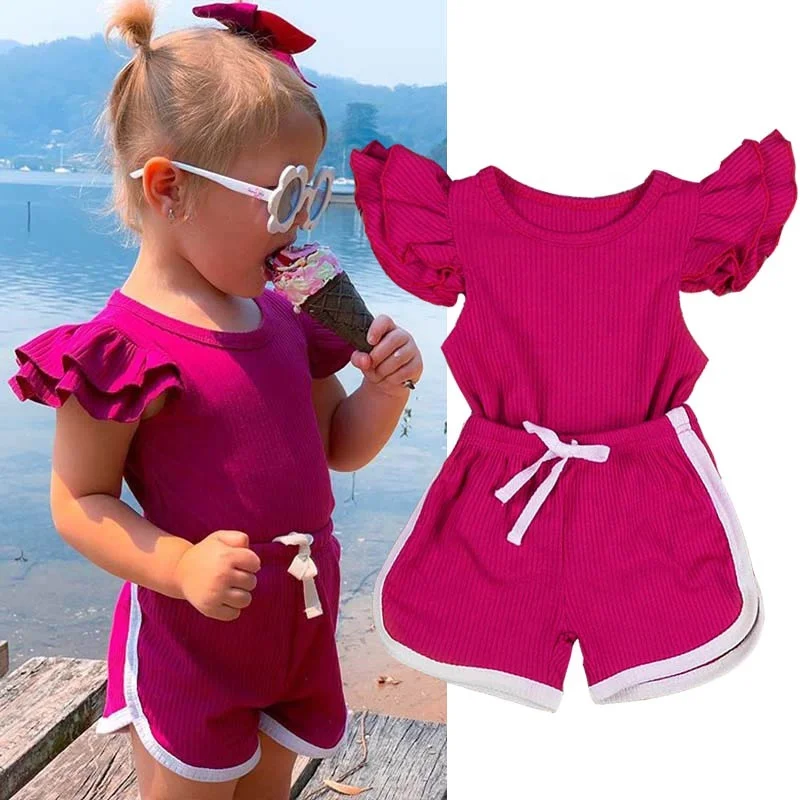 

2020 Summer Baby Toddler Girls Clothes Set Soft Cotton Children Knit Ruffled Romper Jumpsuit + Shorts 2 Pcs Outfits Kids Clothes, As picture