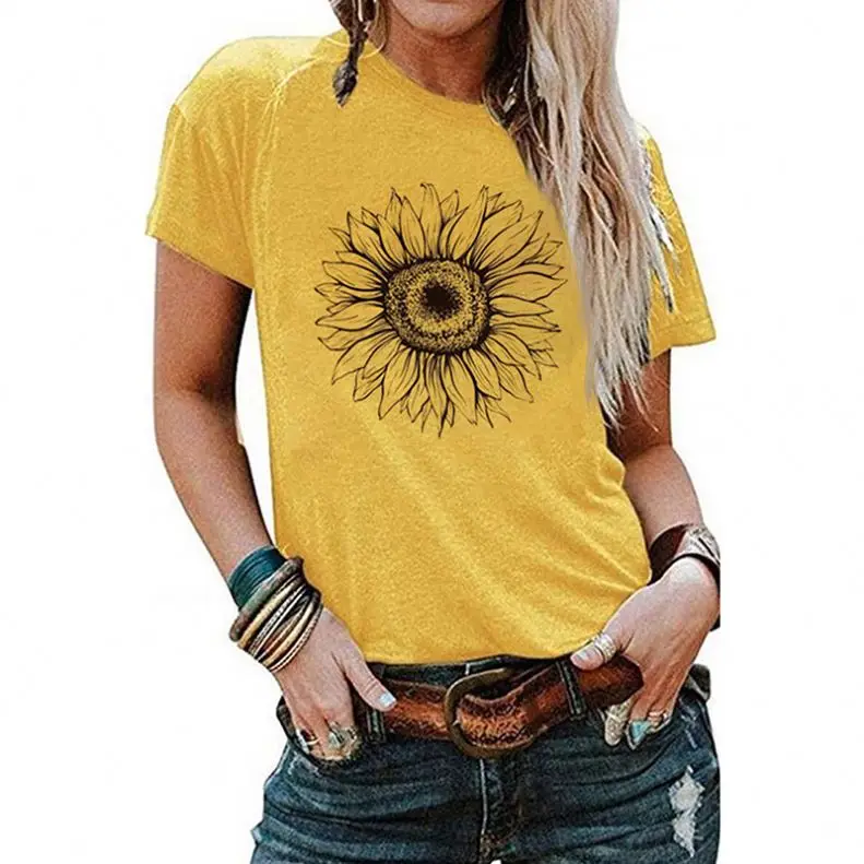 

New Arrive Yellow Sunflower Base Casual Tops Woman T-Shirts