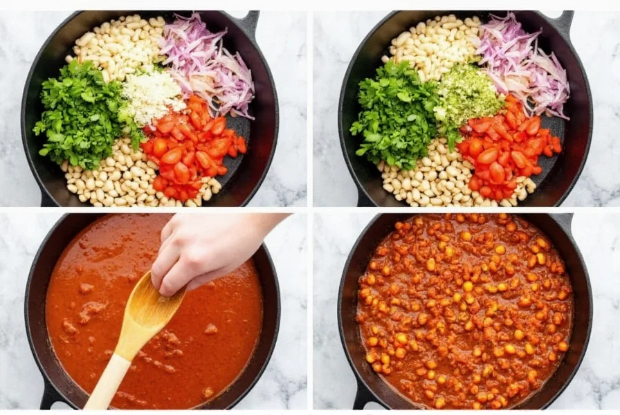 Step-by-step preparation of chicken and white bean chili in a cast iron pot with fresh ingredients