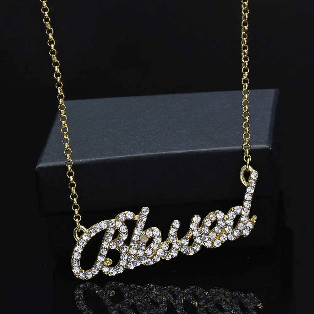 

2020 Best Selling 18k Real Gold Plated Letter BLESSED Choker Hip Hops Full Rhinestone Crystal Name BLESSED Pendant Necklace
